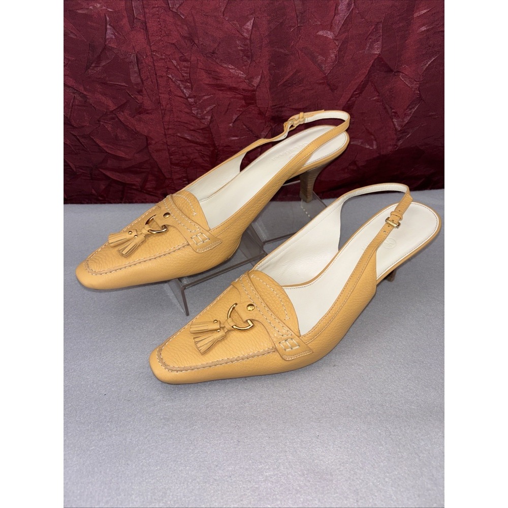 Vtg Cole Haan Ochre Yellow Leather Kitten Heel‎ Sling Backs Tassels Women's 10B